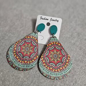 Fashion Jewelry Boutique Boho Colorful Mandala Print Wooden Teardrop Earrings